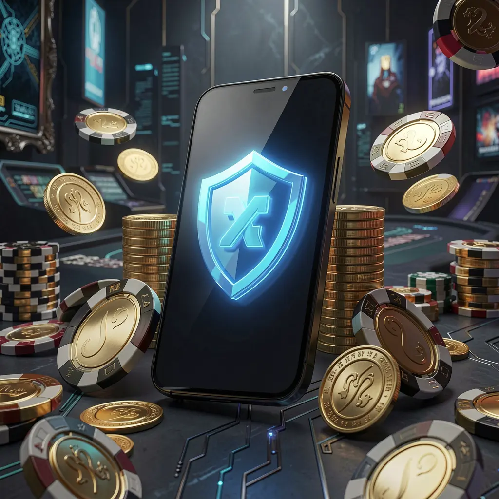 TK345 secure mobile casino app concept showing a smartphone with a glowing shield icon surrounded by golden coins and chips against a dark luxury cyber background TK345 secure mobile casino app concept showing a smartphone with a glowing shield icon surrounded by golden coins and chips against a dark luxury cyber background