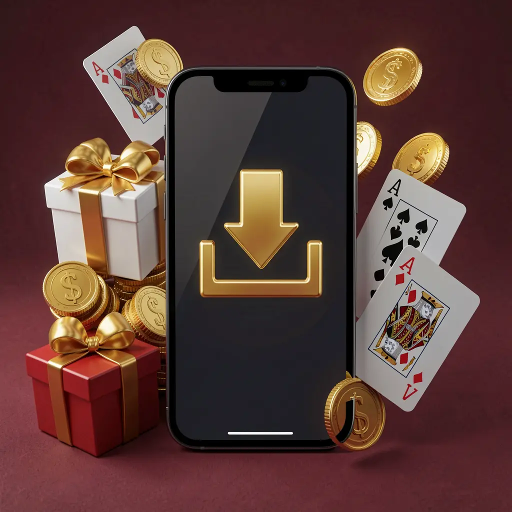 Smartphone displaying a download icon surrounded by golden coins, a gift box, and playing cards in a modern mobile gaming atmosphere, showcasing the TK345 casino app download concept Smartphone displaying a download icon surrounded by golden coins, a gift box, and playing cards in a modern mobile gaming atmosphere, showcasing the TK345 casino app download concept