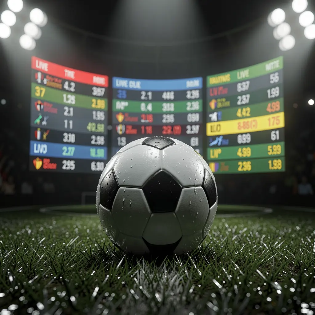 Football betting page banner featuring a soccer ball on wet grass under dramatic stadium lights with glowing live odds graphics in the background, showcasing a premium dark sports atmosphere in a cinematic 3D render by TK345 Football betting page banner featuring a soccer ball on wet grass under dramatic stadium lights with glowing live odds graphics in the background, showcasing a premium dark sports atmosphere in a cinematic 3D render by TK345