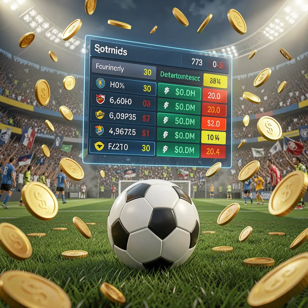 Realistic 3D illustration of a packed football stadium during a match with a soccer ball in the foreground, floating digital odds interface, and golden coins flying, showcasing TK345 sports betting atmosphere Realistic 3D illustration of a packed football stadium during a match with a soccer ball in the foreground, floating digital odds interface, and golden coins flying, showcasing TK345 sports betting atmosphere