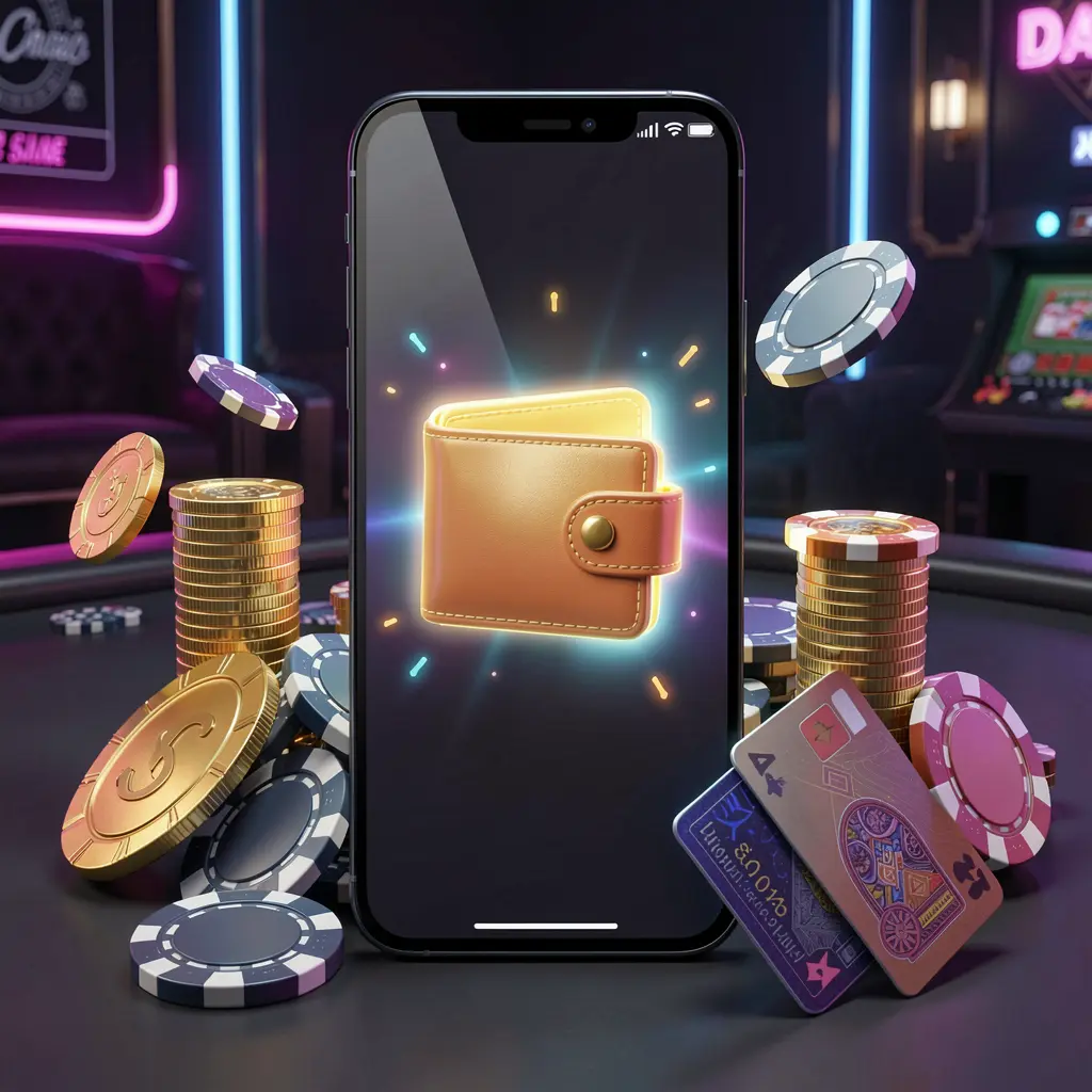 TK345 online casino deposit bonus concept with a smartphone screen displaying a glowing wallet icon surrounded by stacks of golden coins, poker chips, and bank cards on a dark luxury background with neon highlights in a realistic 3D style TK345 online casino deposit bonus concept with a smartphone screen displaying a glowing wallet icon surrounded by stacks of golden coins, poker chips, and bank cards on a dark luxury background with neon highlights in a realistic 3D style