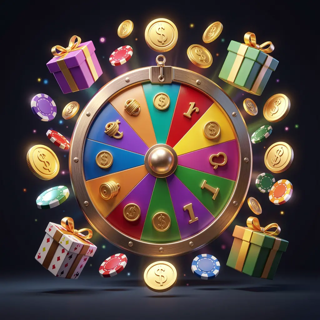 TK345 online casino bonus wheel with colorful prize wheel surrounded by golden coins, chips, and gift boxes, glowing casino lights creating an exciting jackpot atmosphere on a dark background TK345 online casino bonus wheel with colorful prize wheel surrounded by golden coins, chips, and gift boxes, glowing casino lights creating an exciting jackpot atmosphere on a dark background
