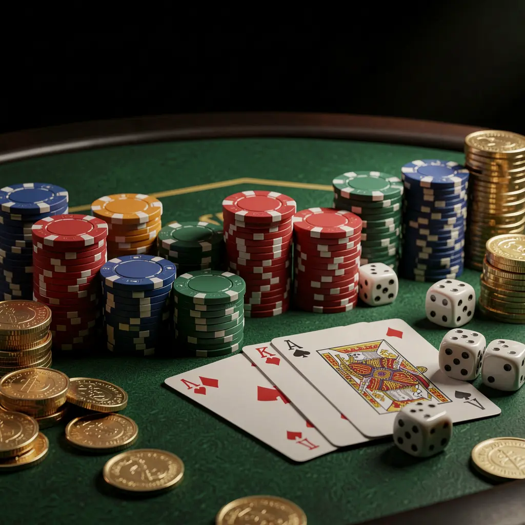 Close-up of an elegant TK345 casino table featuring poker chips, playing cards, dice, and gold coins against a luxury black background with soft cinematic lighting Close-up of an elegant TK345 casino table featuring poker chips, playing cards, dice, and gold coins against a luxury black background with soft cinematic lighting