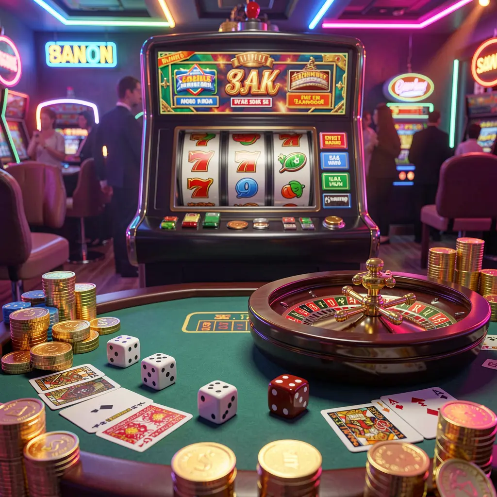 Exciting casino entertainment scene featuring a slot machine, roulette wheel, dice, cards, and golden coins illuminated by colorful neon lights in a high quality 3D render showcasing TK345 brand Exciting casino entertainment scene featuring a slot machine, roulette wheel, dice, cards, and golden coins illuminated by colorful neon lights in a high quality 3D render showcasing TK345 brand