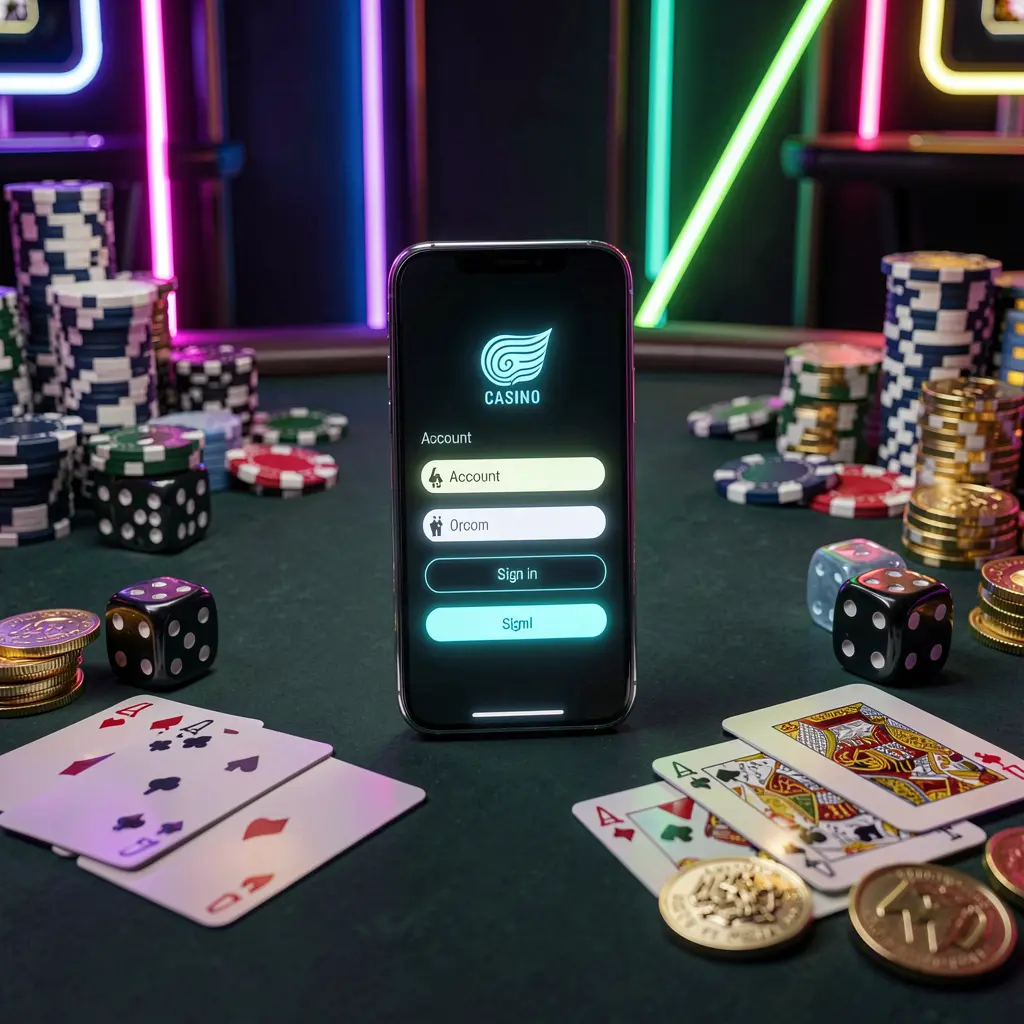 TK345 casino account sign in scene with a glowing smartphone on a casino table surrounded by cards, chips, dice, and gold coins against an elegant dark background with neon highlights TK345 casino account sign in scene with a glowing smartphone on a casino table surrounded by cards, chips, dice, and gold coins against an elegant dark background with neon highlights
