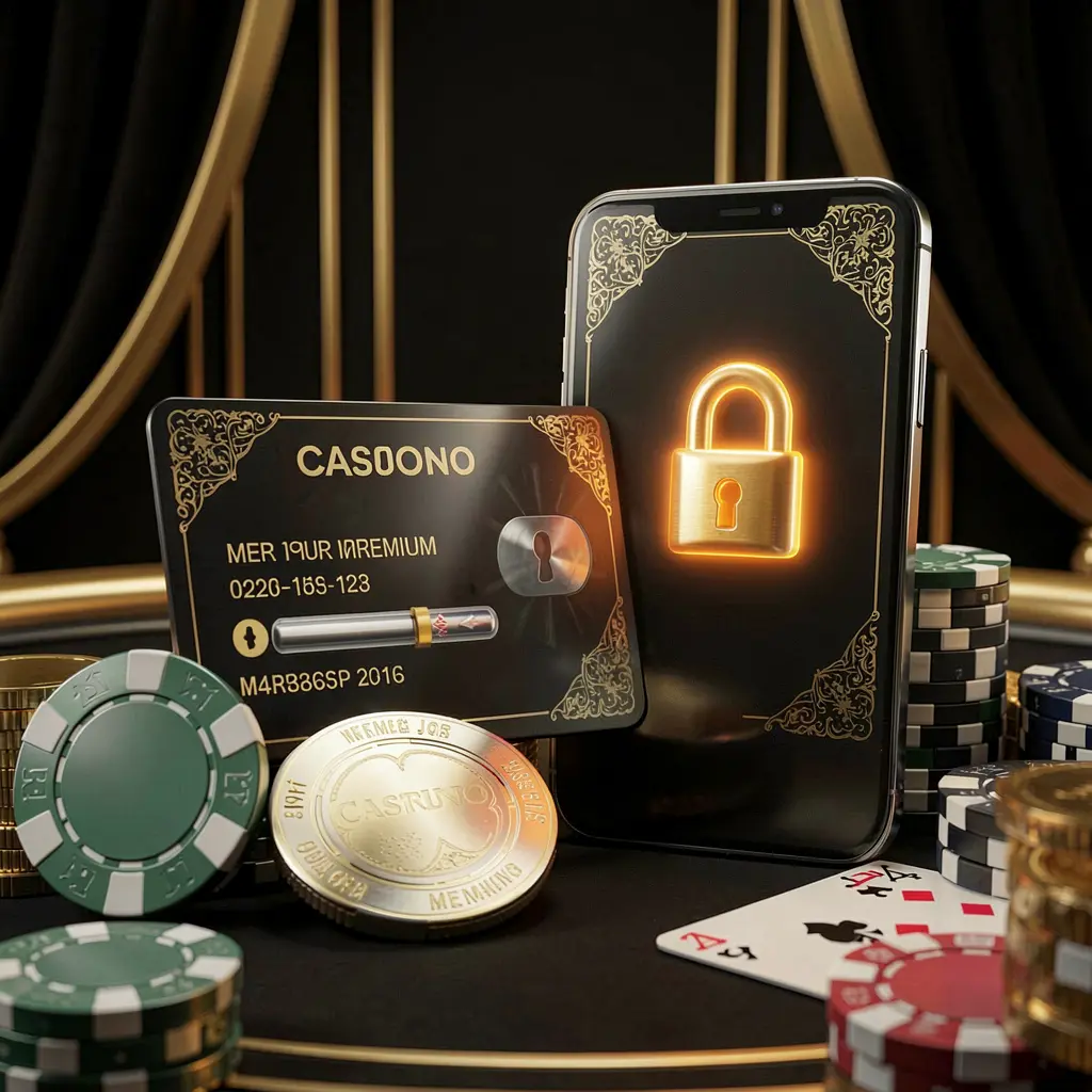 TK345 casino member login concept featuring a premium membership card beside a smartphone with a glowing lock symbol, poker chips, and coins on a black and gold luxury background in a realistic 3D illustration TK345 casino member login concept featuring a premium membership card beside a smartphone with a glowing lock symbol, poker chips, and coins on a black and gold luxury background in a realistic 3D illustration