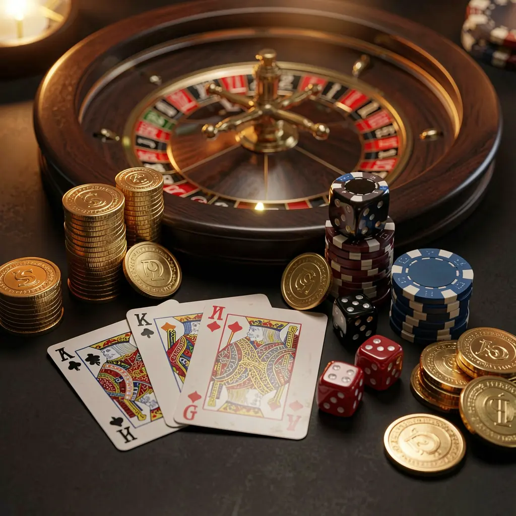 Elegant online casino homepage featuring TK345 brand with royal flush cards, dice, golden coins, and poker chips on a dark table, roulette glowing in the background in a cinematic 3D render Elegant online casino homepage featuring TK345 brand with royal flush cards, dice, golden coins, and poker chips on a dark table, roulette glowing in the background in a cinematic 3D render